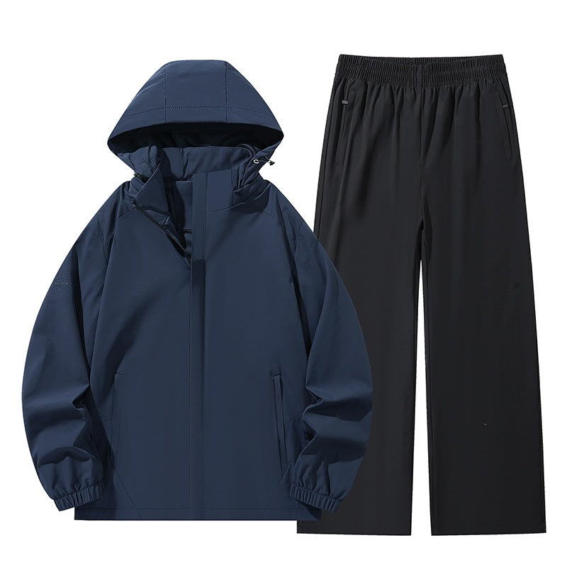 Men's Two-Piece Water-Repellent Outdoor Set with Hooded Softshell Jacket and Relaxed Leisure Pants Mune Fashion