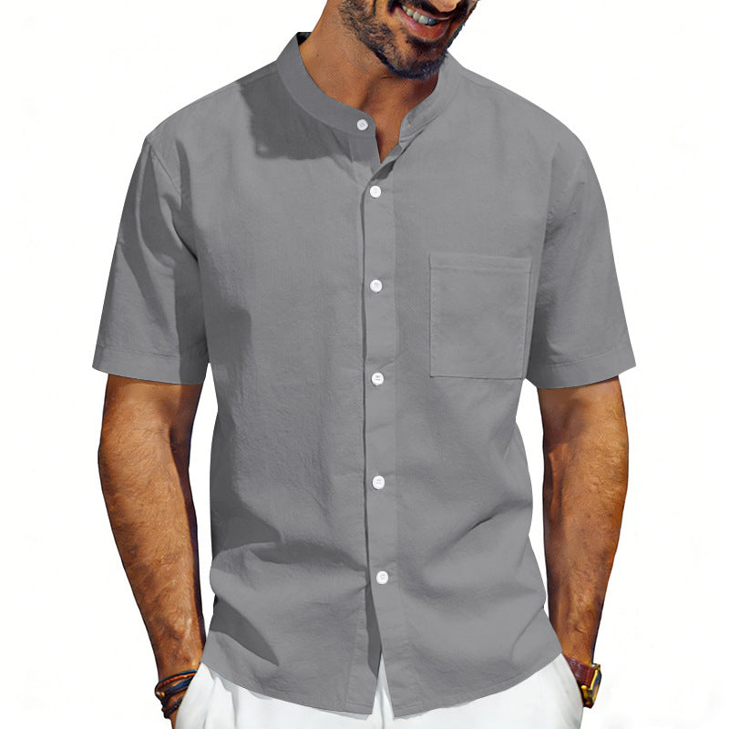 Men's short-sleeved linen shirt with stand-up collar and chest pocket Mune Fashion