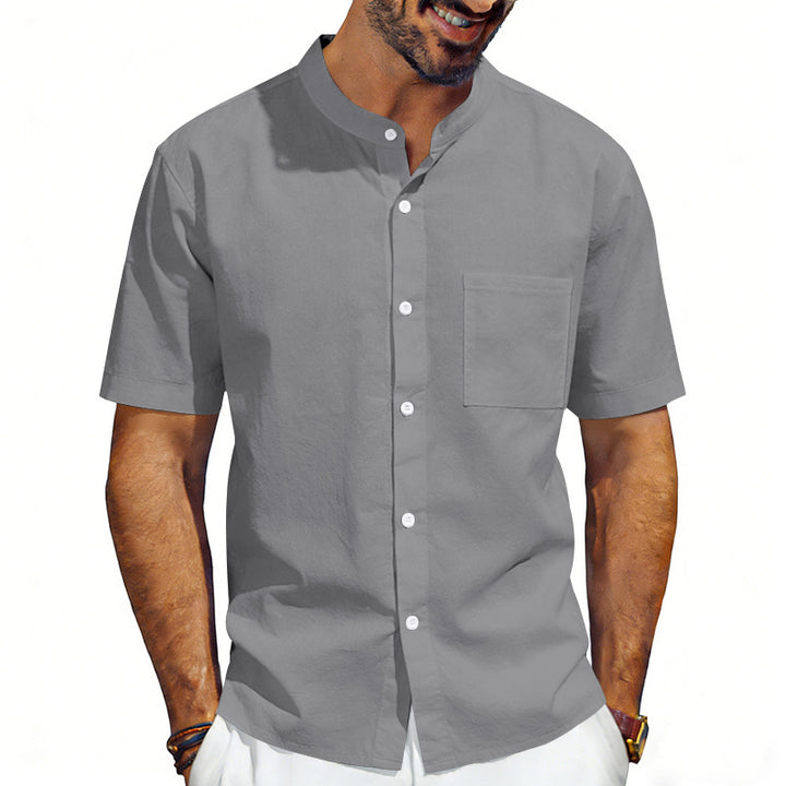 Men's short-sleeved linen shirt with stand-up collar and chest pocket Mune Fashion