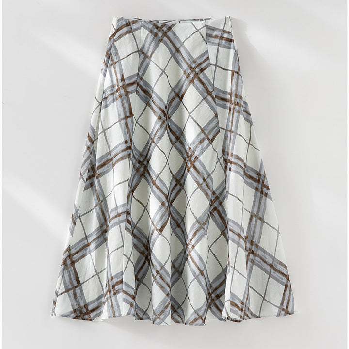 Women's A-line midi skirt with high waist and watercolor check pattern Mune Fashion