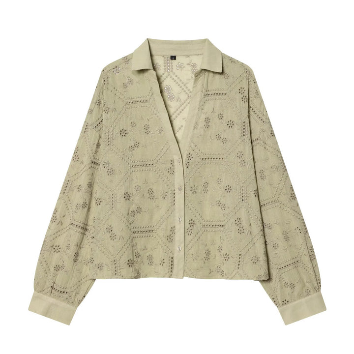 Women's Broderie-Anglaise Shirt Blouse in Oversize Cut with Balloon Sleeves Mune Fashion