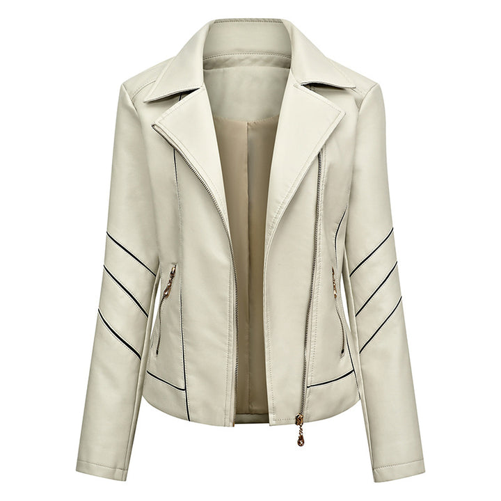 Women's biker jacket made of faux leather with asymmetric decorative seams and tailored fit Mune Fashion