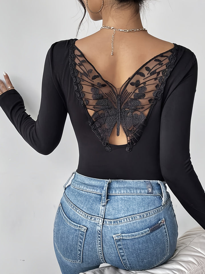 Women's fitted long-sleeve top with low back opening and embroidered butterfly lace insert Mune Fashion