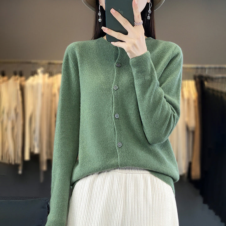 Women Lightweight Fine Knit Cardigan with Cashmere Look, Round Neckline and Hidden Button Placket Mune Fashion