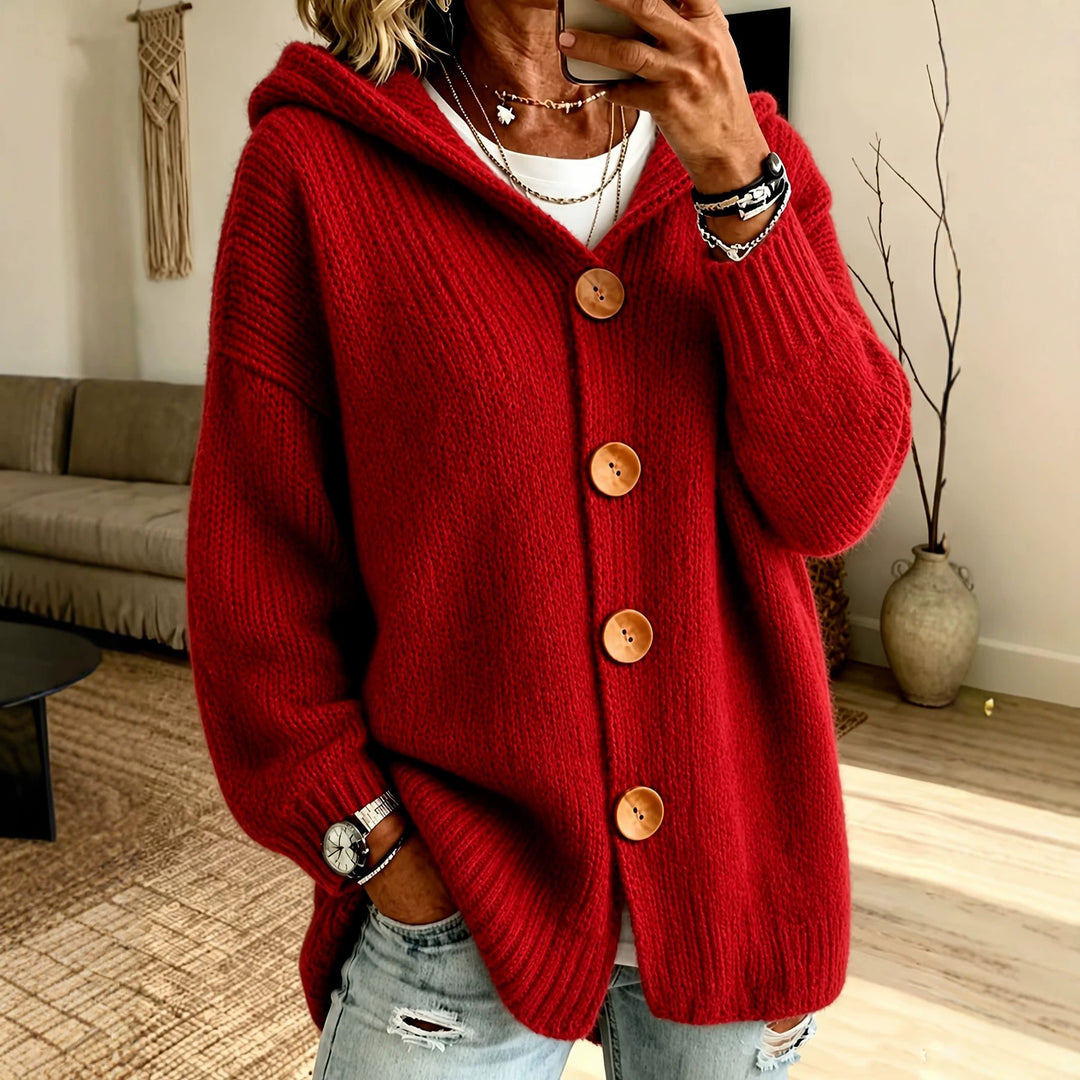 Women's chunky knit hooded cardigan with oversized silhouette, wooden button placket and ribbed cuffs Mune Fashion