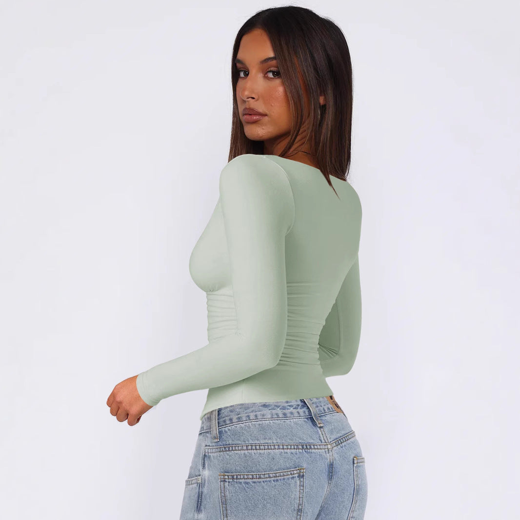 Women Fitted Long-Sleeve Top with V-Neckline and Gathers Mune