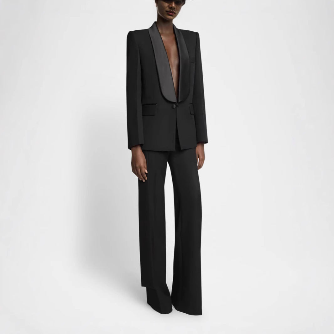 Women's Elegant Tuxedo Set with Satin Shawl Collar and Wide Palazzo Pants Cut Mune Fashion