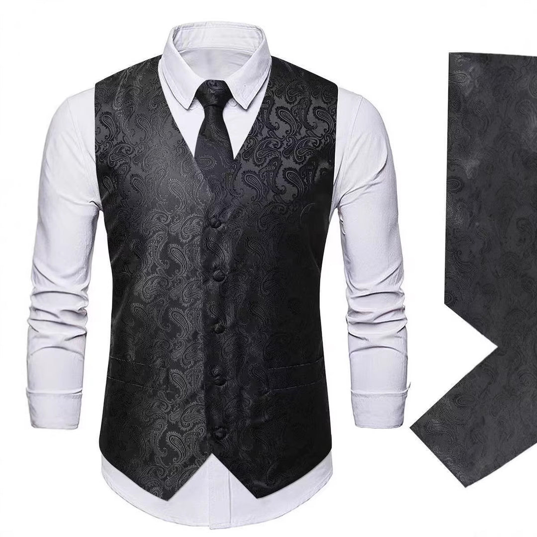 Men's Nan Paisley Satin Suit Vest Set with Tie and Pocket Square Mune Fashion
