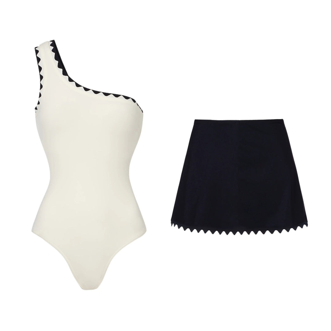 Women's One-Piece Swimsuit with Asymmetric Design and Matching Skirt Mune Fashion