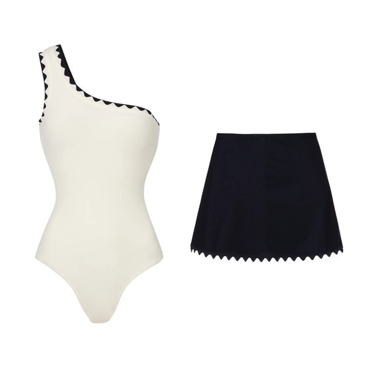 Women's One-Piece Swimsuit with Asymmetric Design and Matching Skirt Mune Fashion