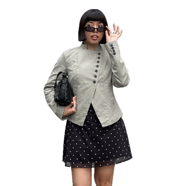 Women Asymmetrical Short Jacket with Double Decorative Button Placket and Stand Collar Mune Fashion