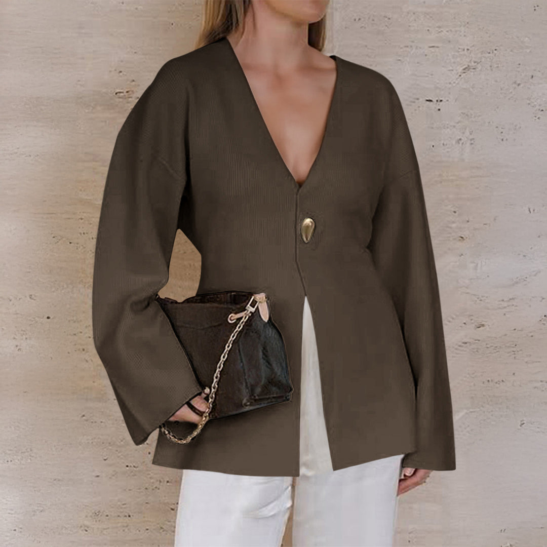 Women's fitted fine knit cardigan with V-neck, decorative button, and front slit Mune Fashion