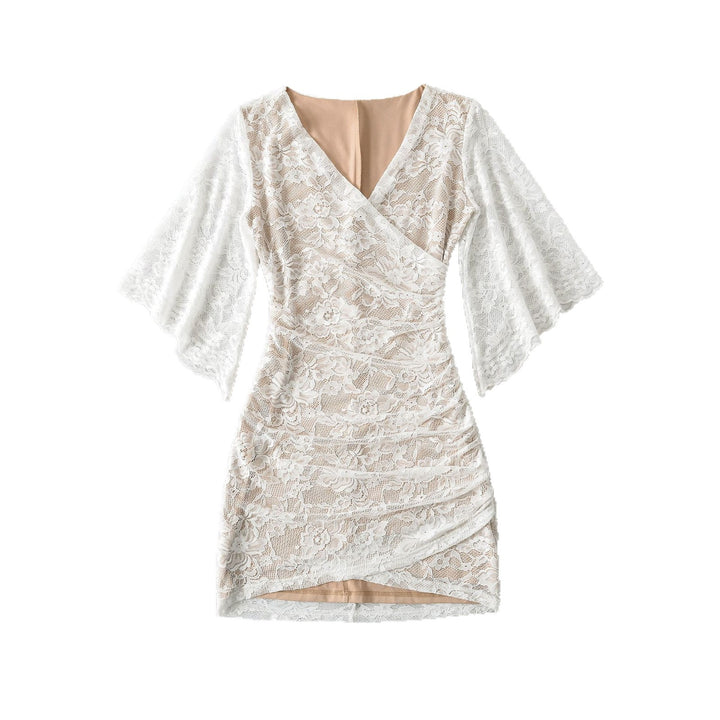 Women's lace wrap dress with trumpet sleeves and gathered silhouette Mune Fashion