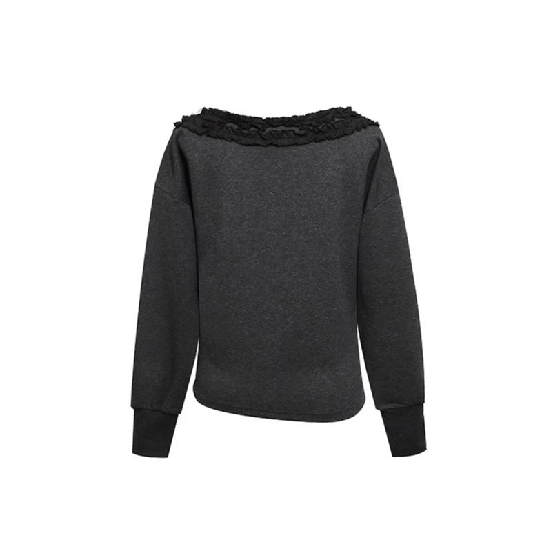 Women's sweatshirt with off-the-shoulder neckline, lace ruffle, and side gathers Mune Fashion