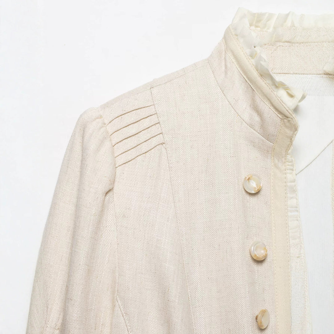 Women's cropped jacket made of linen blend with stand-up collar, decorative button placket and ruffle detail Drune