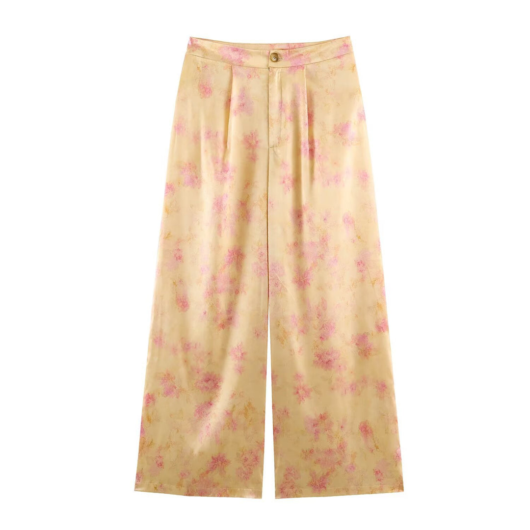 Women Wide Satin Palazzo Pants with High Waist, Pleats and Floral Jacquard Look