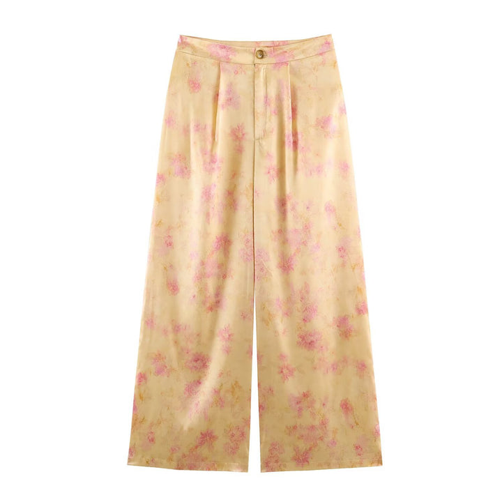 Women Wide Satin Palazzo Pants with High Waist, Pleats and Floral Jacquard Look