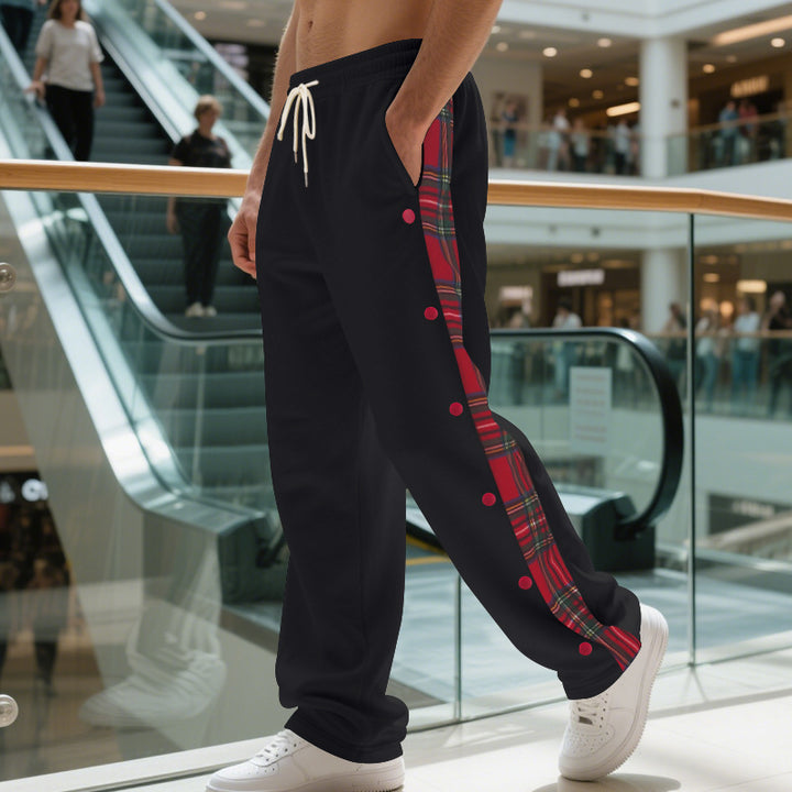 Men's Relaxed-Fit Jogging Pants with Snap Button Side Slit and Check Panel Mune Fashion
