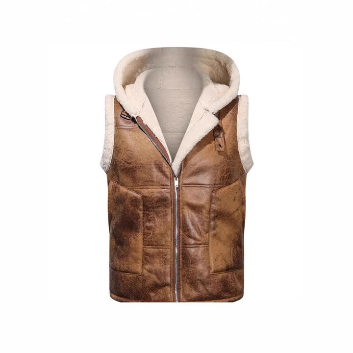 Men's hooded vest in lambskin look with teddy lining, zipper and large flap pockets Mune Fashion