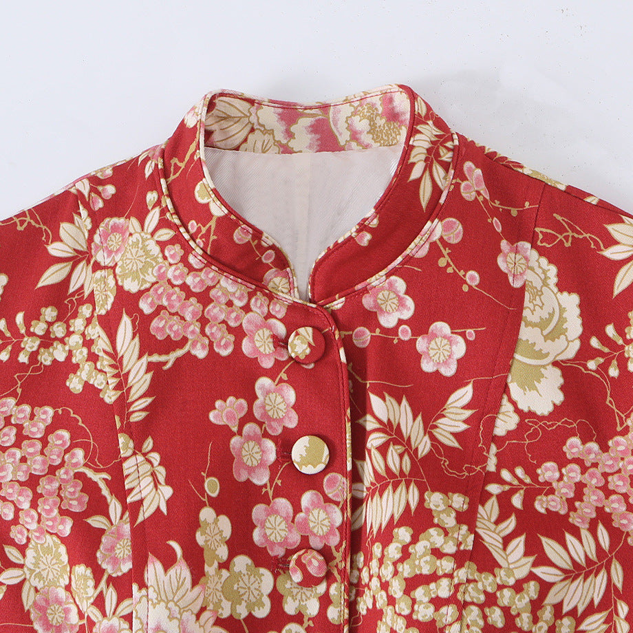 Women's fitted blouse jacket with stand-up collar and floral jacquard look Mune Fashion