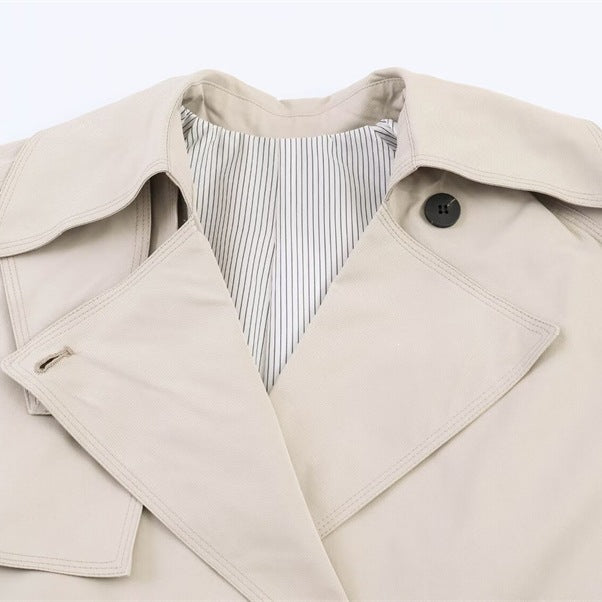 Women's short cut oversized trench coat with belt and double-breasted button placket Mune Fashion