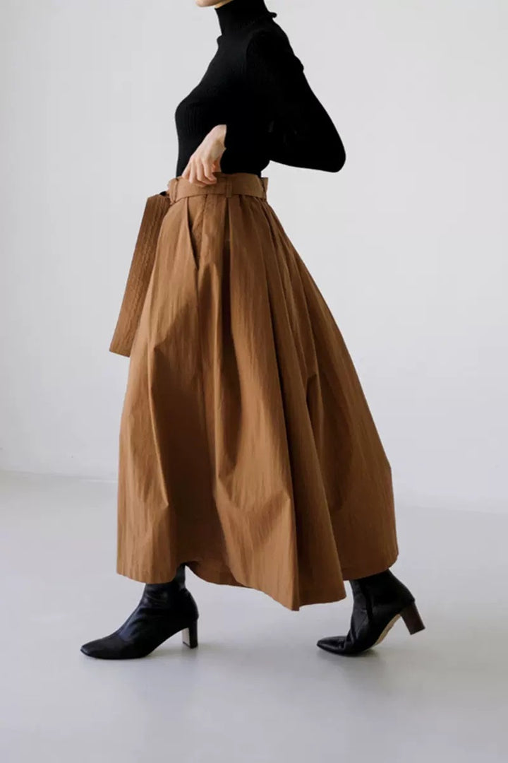 Women's Wide Culotte Skirt with Pleats and Tie Belt Mune Fashion