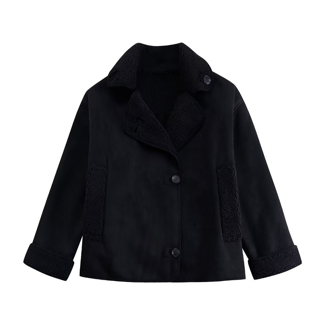Ladies nan short winter jacket with soft teddy lining, wrap collar and button placket Mune Fashion