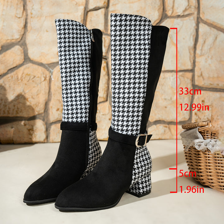 Ladies knee-high boots with houndstooth shaft, side zipper and comfortable block heel Mune Fashion
