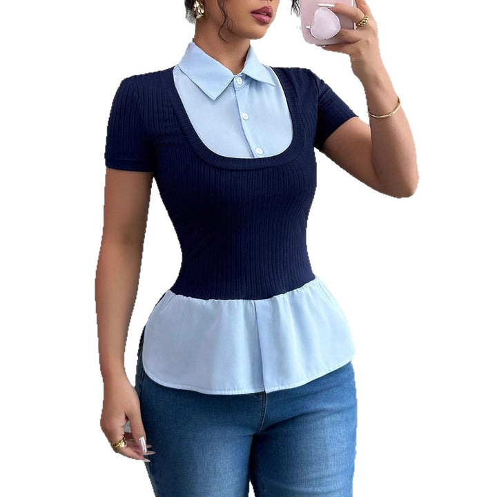 Women Short Sleeve Layering Top with Fake Shirt Collar and Ribbed Knit Body Mune Fashion