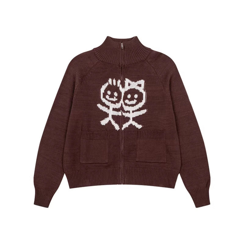 Women's chunky knit zip cardigan with stand-up collar, patch pockets and cartoon intarsia Mune Fashion