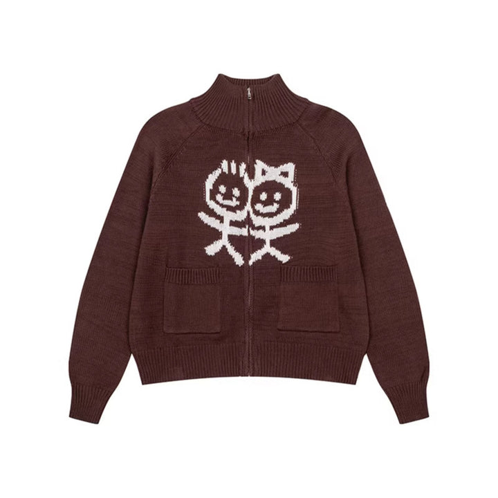 Women's chunky knit zip cardigan with stand-up collar, patch pockets and cartoon intarsia Mune Fashion