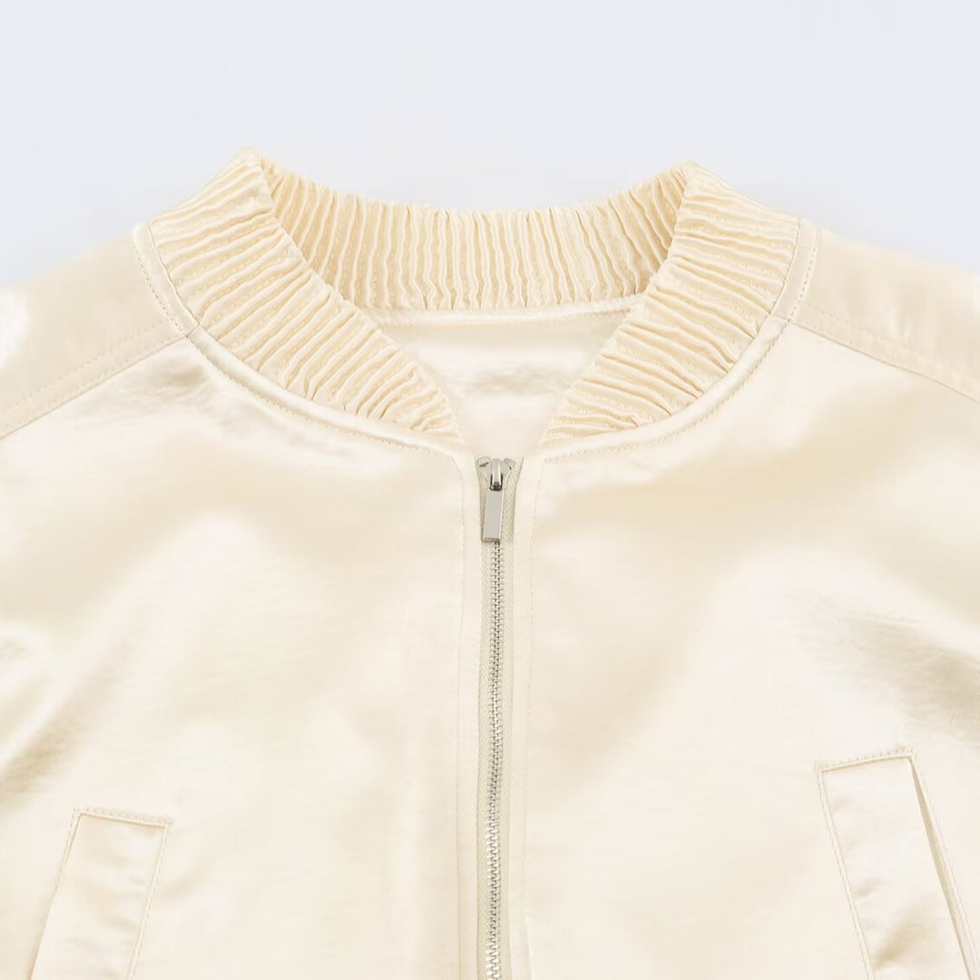 Women Cropped Bomber Jacket made of Satin with Ribbed Cuffs Mune Fashion