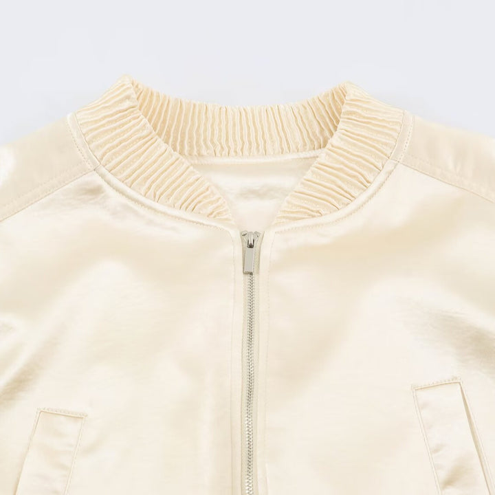 Women Cropped Bomber Jacket made of Satin with Ribbed Cuffs Mune Fashion