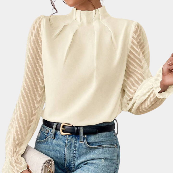 Women's Elegant Chiffon Blouse with Stand-Up Collar, Pleated Edge and Transparent Jacquard Sleeves Drune