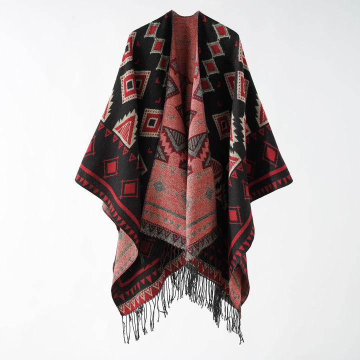 Women's jacquard wrap ruana in ethnic design with fringes and open fall Mune Fashion