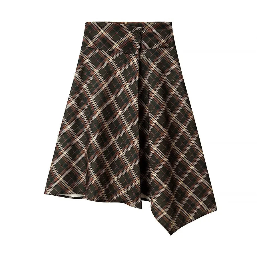 Women's asymmetrical check skirt in A-line cut with button waistband Mune Fashion
