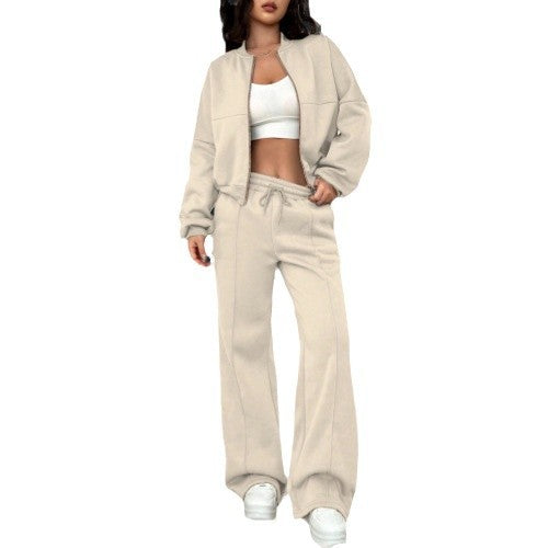 Women’s cropped bomber jacket with zipper and loose high-waist joggers set Mune Fashion