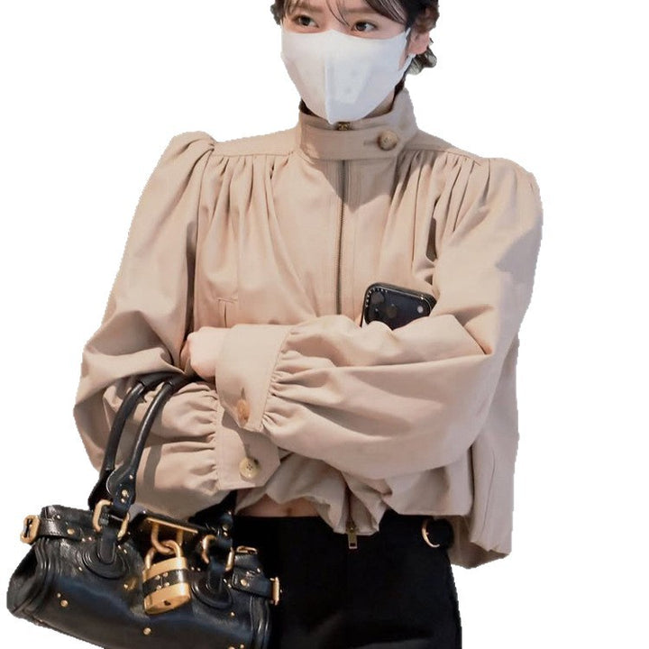 Women Lightweight Blouson Jacket with Balloon Sleeves and Stand-up Collar Mune Fashion