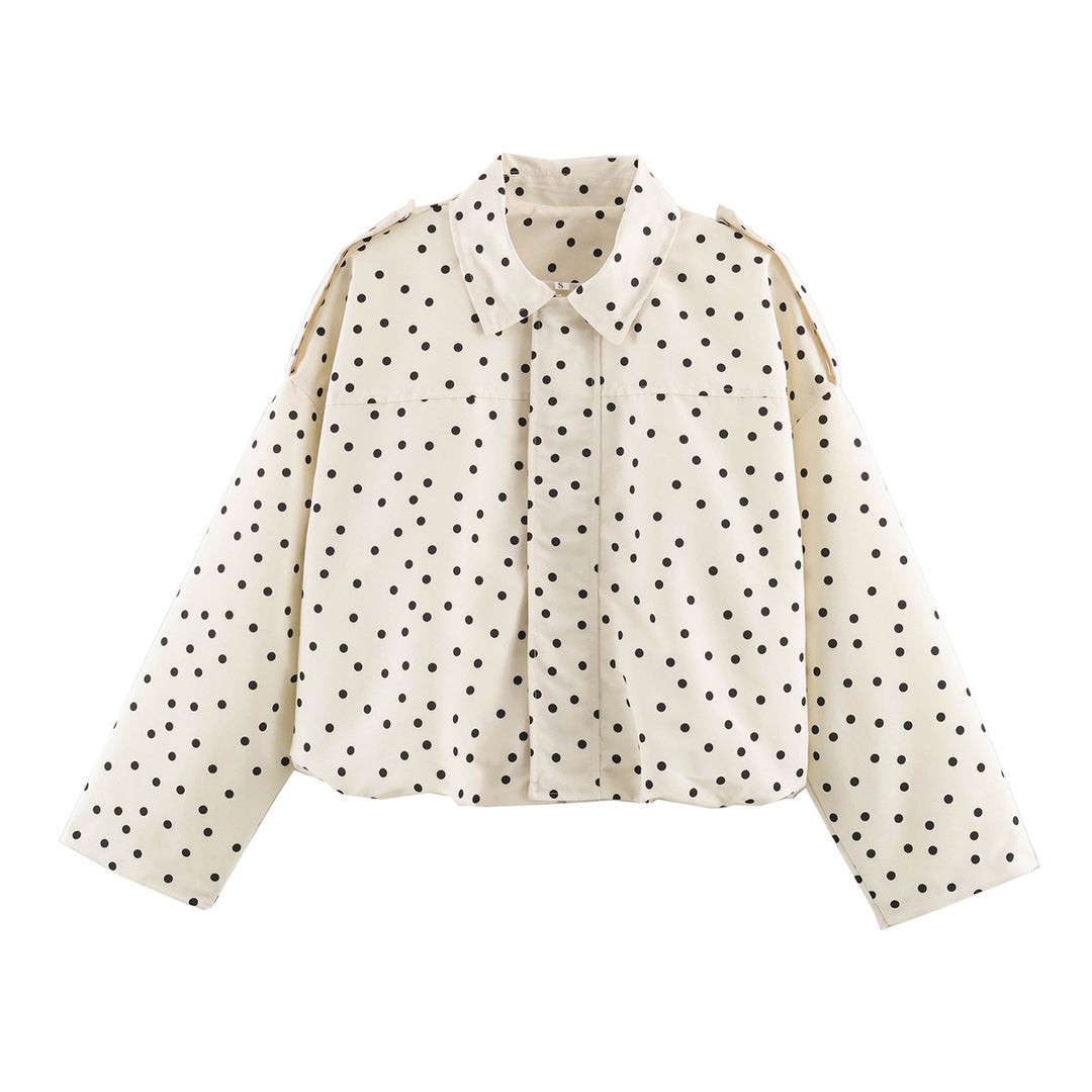 Ladies Polka Dot Cropped Blazer with Shirt Collar and Epaulettes Mune Fashion
