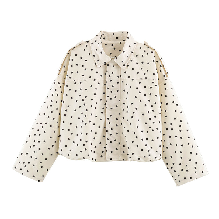 Ladies Polka Dot Cropped Blazer with Shirt Collar and Epaulettes Mune Fashion