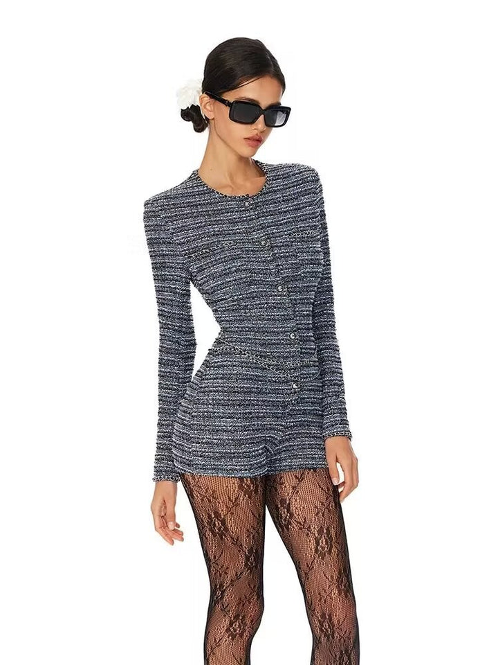 Women's Boucle Shorts Overall with Tailored Silhouette, Button Placket and Decorative Chain Mune Fashion