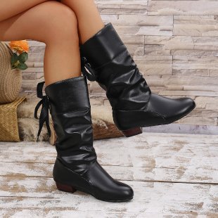 Women’s knee-high boots with gathering, rear lacing and low block heel Mune Fashion