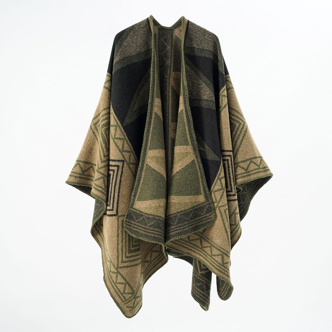 Women Geometric Wool Blend Overthrow Poncho with Overlock Edge Mune Fashion