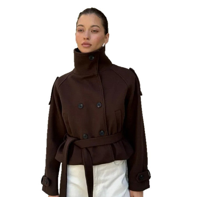 Ladies short cut wool blend jacket with high stand-up collar and waist belt Mune Fashion