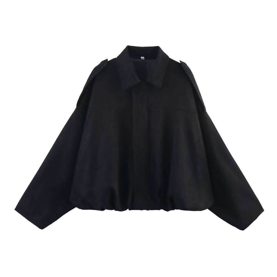 Women's Oversized Short Jacket with Balloon Hem, Shoulder Pads and Concealed Front Placket Mune Fashion