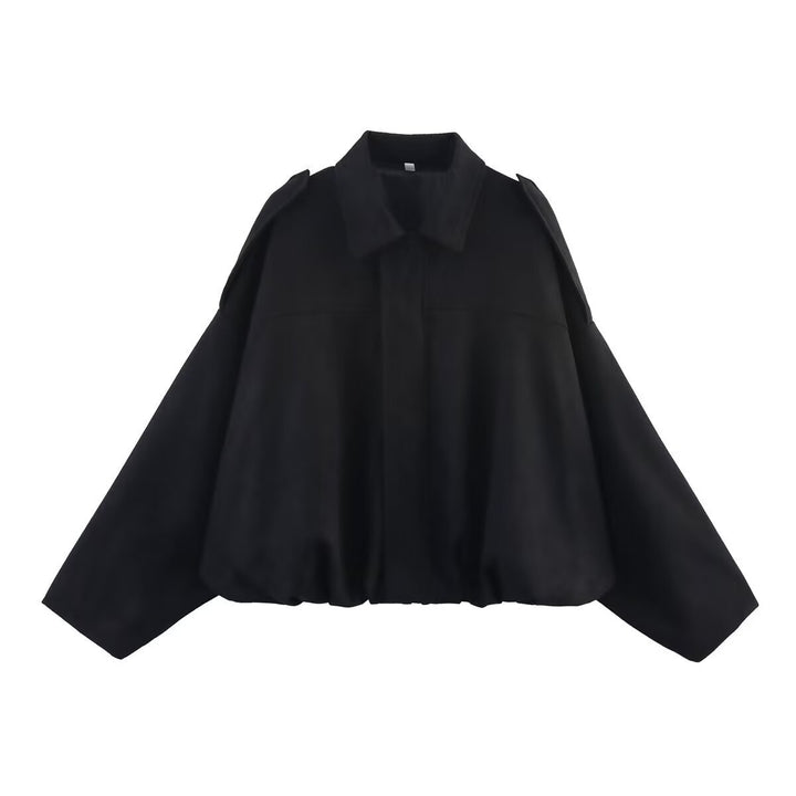 Women's Oversized Short Jacket with Balloon Hem, Shoulder Pads and Concealed Front Placket Mune Fashion