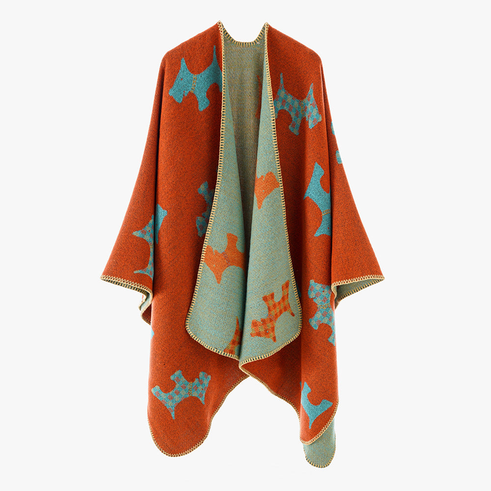 Women Oversized Poncho with jacquard woven Terrier motif and contrasting lining Mune Fashion