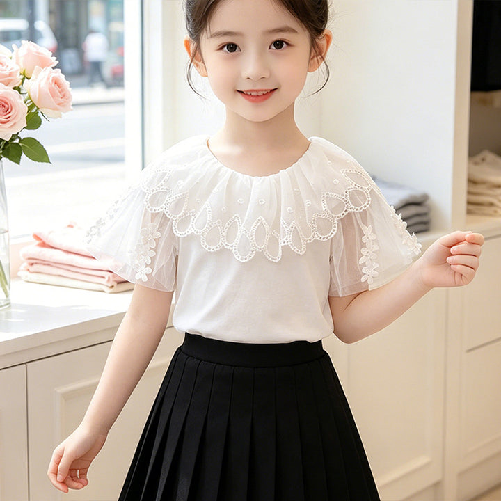 Girls T-Shirt with elegant tulle collar and floral detail Mune Fashion