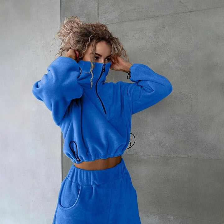 Women's Fleece Cropped Sweatshirt with Half Zip and Drawstring Mune Fashion