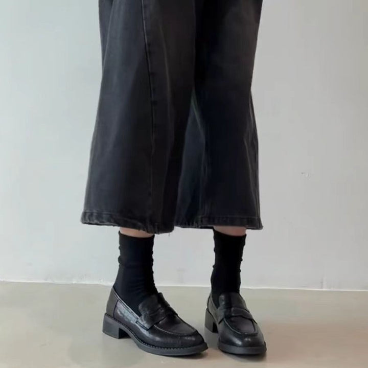 Women's Leather Penny Loafers with Quilted Cap Topstitched and Low Block Heel Mune Fashion